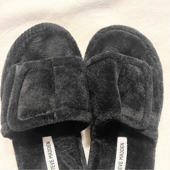 Steve Madden Faux Fur Open Toe Flat Slip-On Ezri Slide Slippers Black SZ 8 - Picture 2 of 8